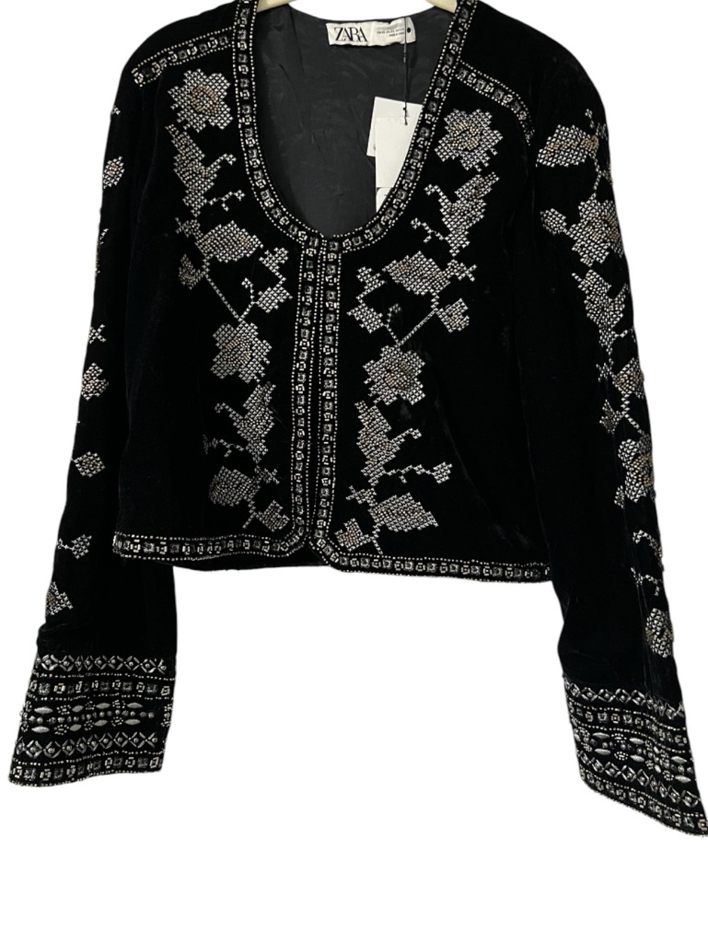 Zara Black Velvet Beaded Floral Cropped Jacket